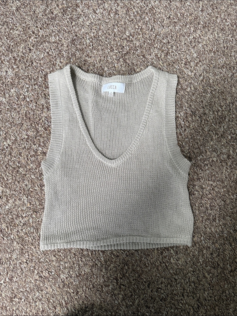 Lucca Beige Knit V-Neck Crop Tank Top